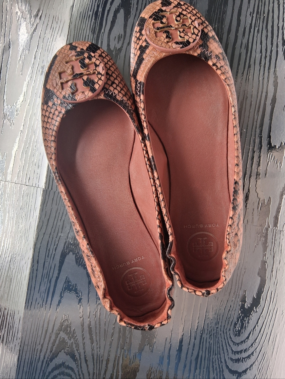 Tory Burch Rose Pink Snakeskin-Print Minnie Flat with Logo Medallion